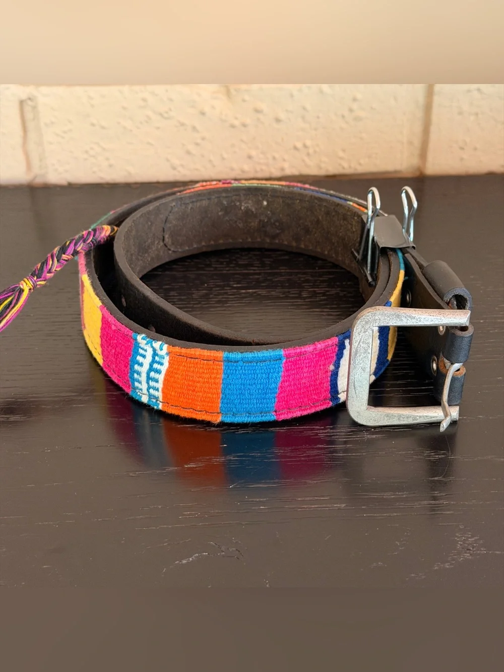 Vtg Colorful Brazilian Woven Embroidered & Leather Striped Boho Belt Women S